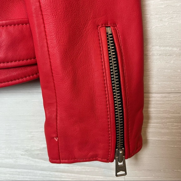AllSaints Balfern Belted Coral Red Leather Biker Jacket Size 6 - Picture 16 of 16